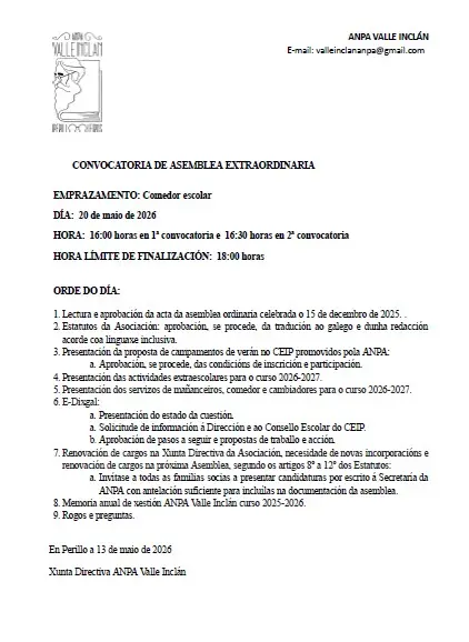 Convocatoria de asamblea extraordinaria de la ANPA Valle Inclán para el 20 de mayo