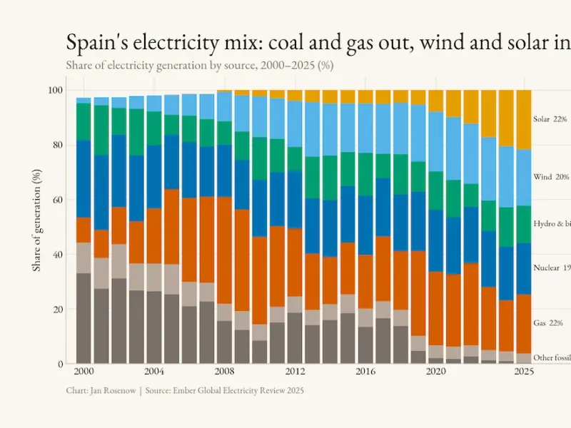 España registra el precio de electricidad más bajo de Europa por energía solar y eólica, pero aumenta las emisiones