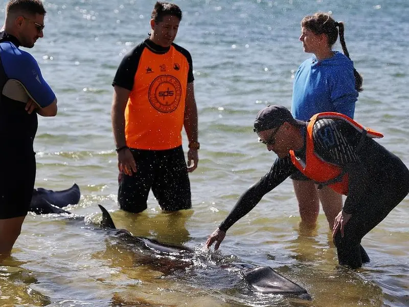 Eutanasia de una cría de ballena varada en la playa de Santa Cristina, Oleiros