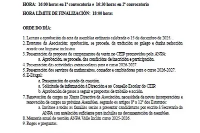 Convocatoria de asamblea extraordinaria de la ANPA Valle Inclán para el 20 de mayo